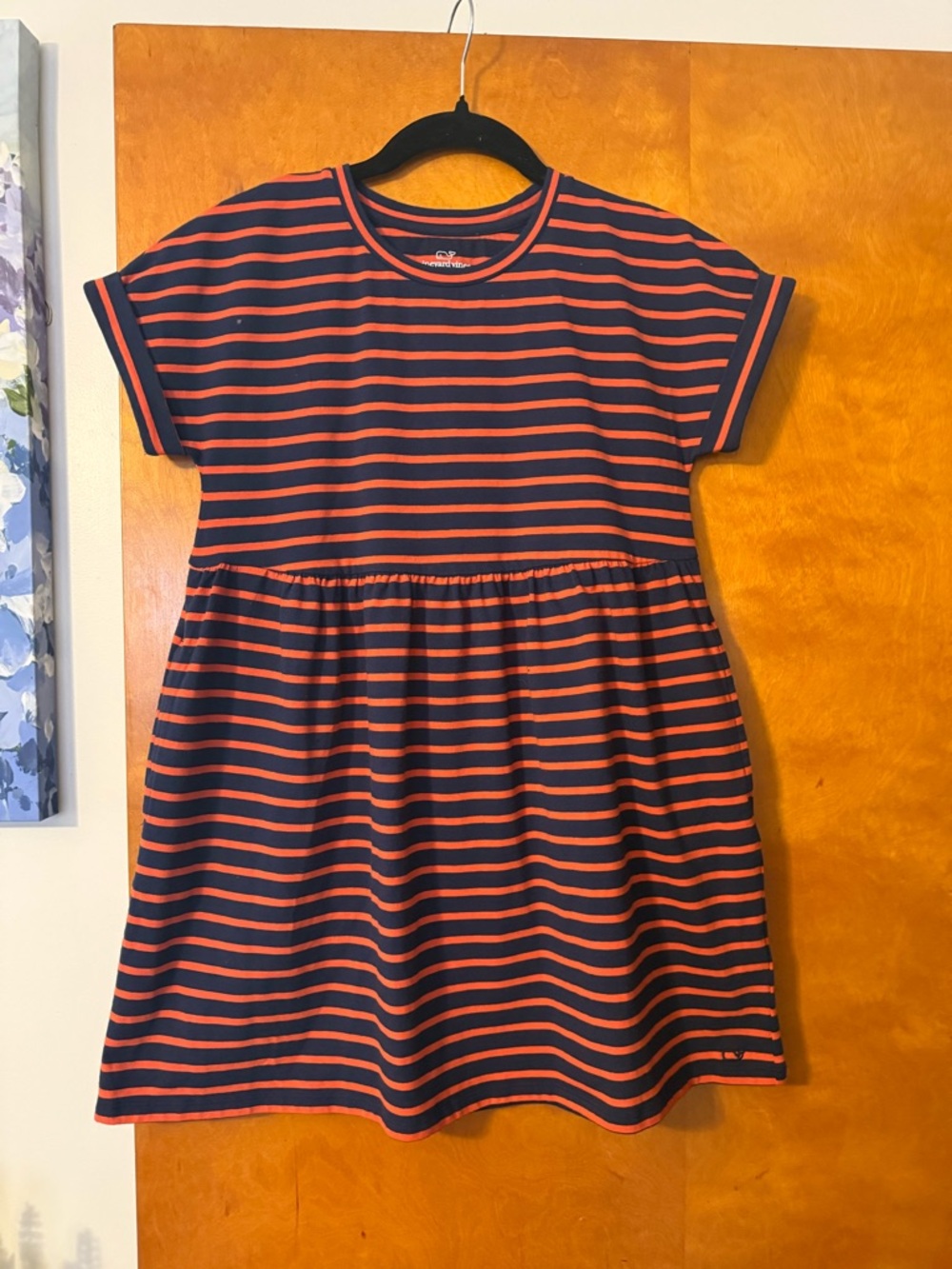Vineyard Vines Girls Navy and Orange Striped Tee Dress